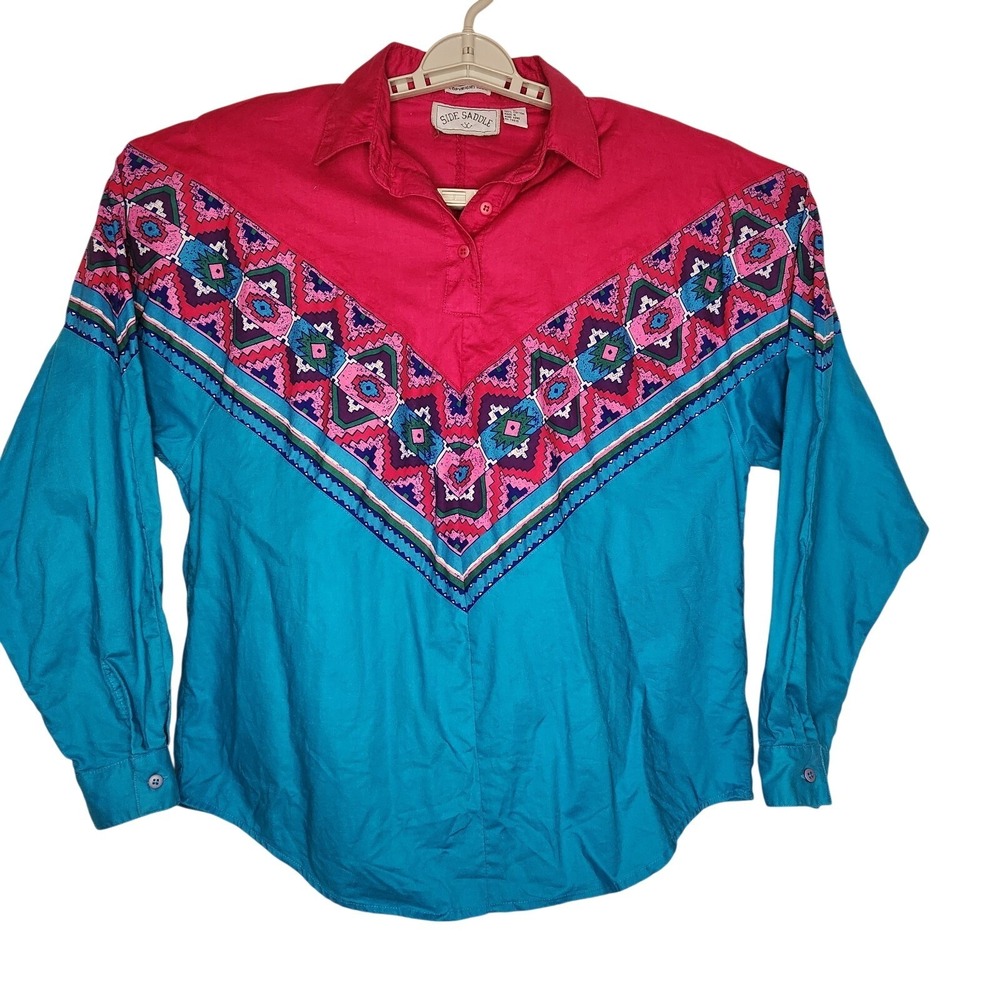 SIDE SADDLE Western Shirt Women's Large‎ Blue Pink Southwest Aztec VTG 90s